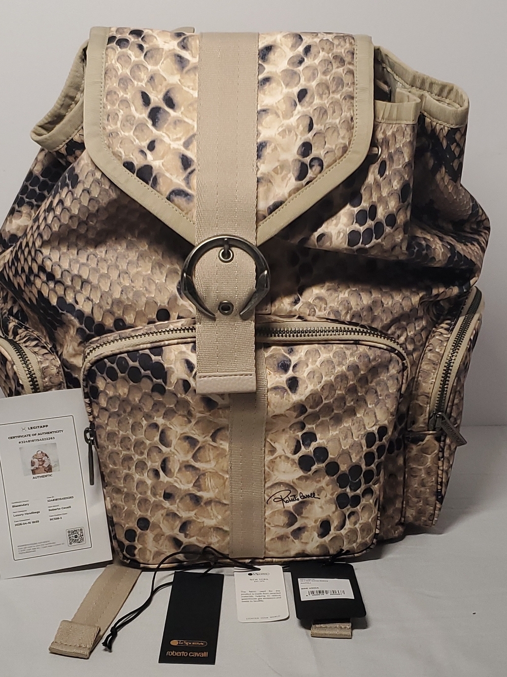 Roberto Cavalli Beige and Black Snake-Print Backpack-Large